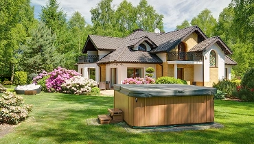 Home with a hot tub in their landscaped yard.